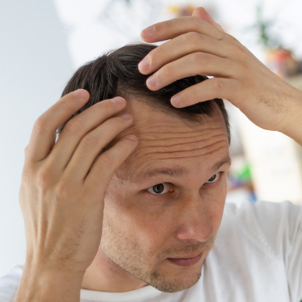 Total Hair Restoration man checking hairline in mirror