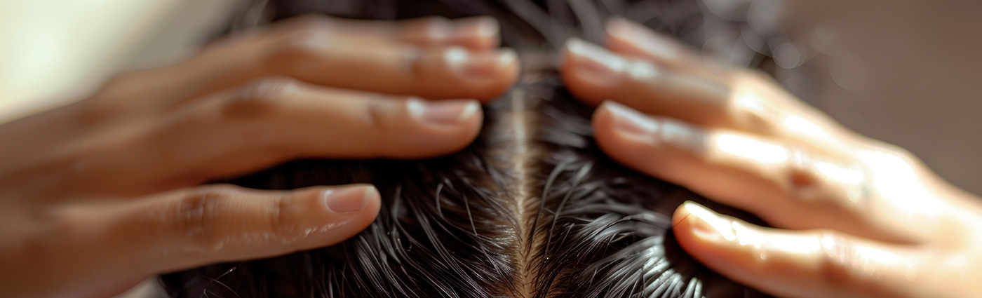 Total Hair Restoration woman parting hair closeup